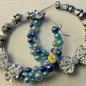 Elegant Silver and Blue Beaded Hoop Earrings